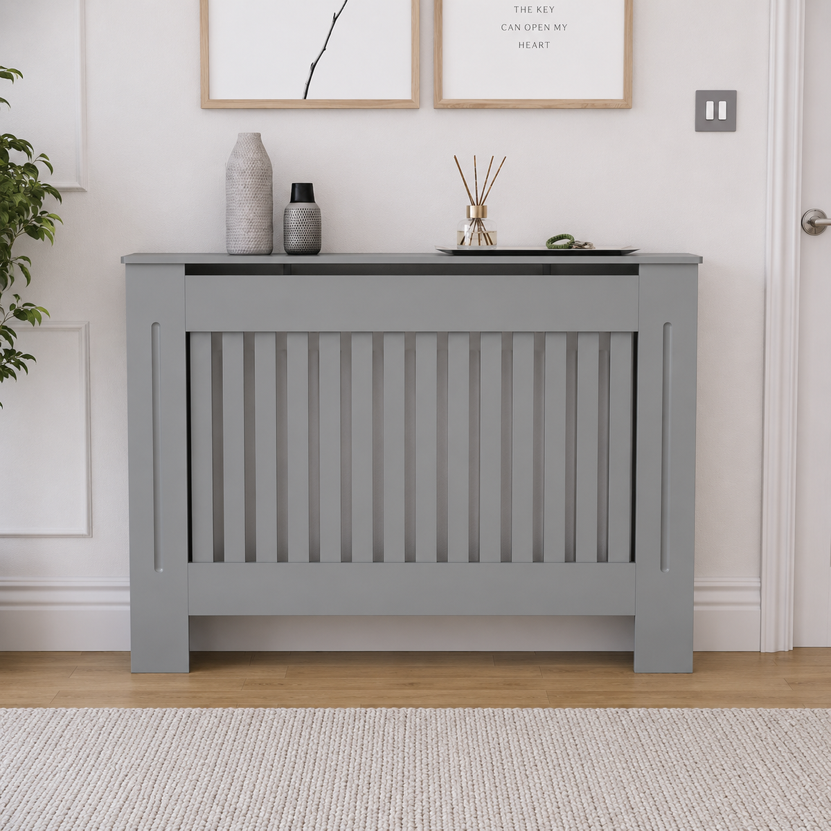 Mască calorifer ECO L 132 cm, MDF cu lamele verticale – Gri lucios