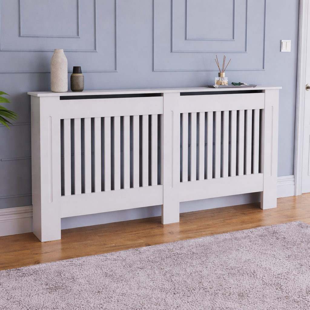Mască XL - 172 cm, grosime 21mm, pentru calorifer alb lucios / lemn MDF cu lamele verticale