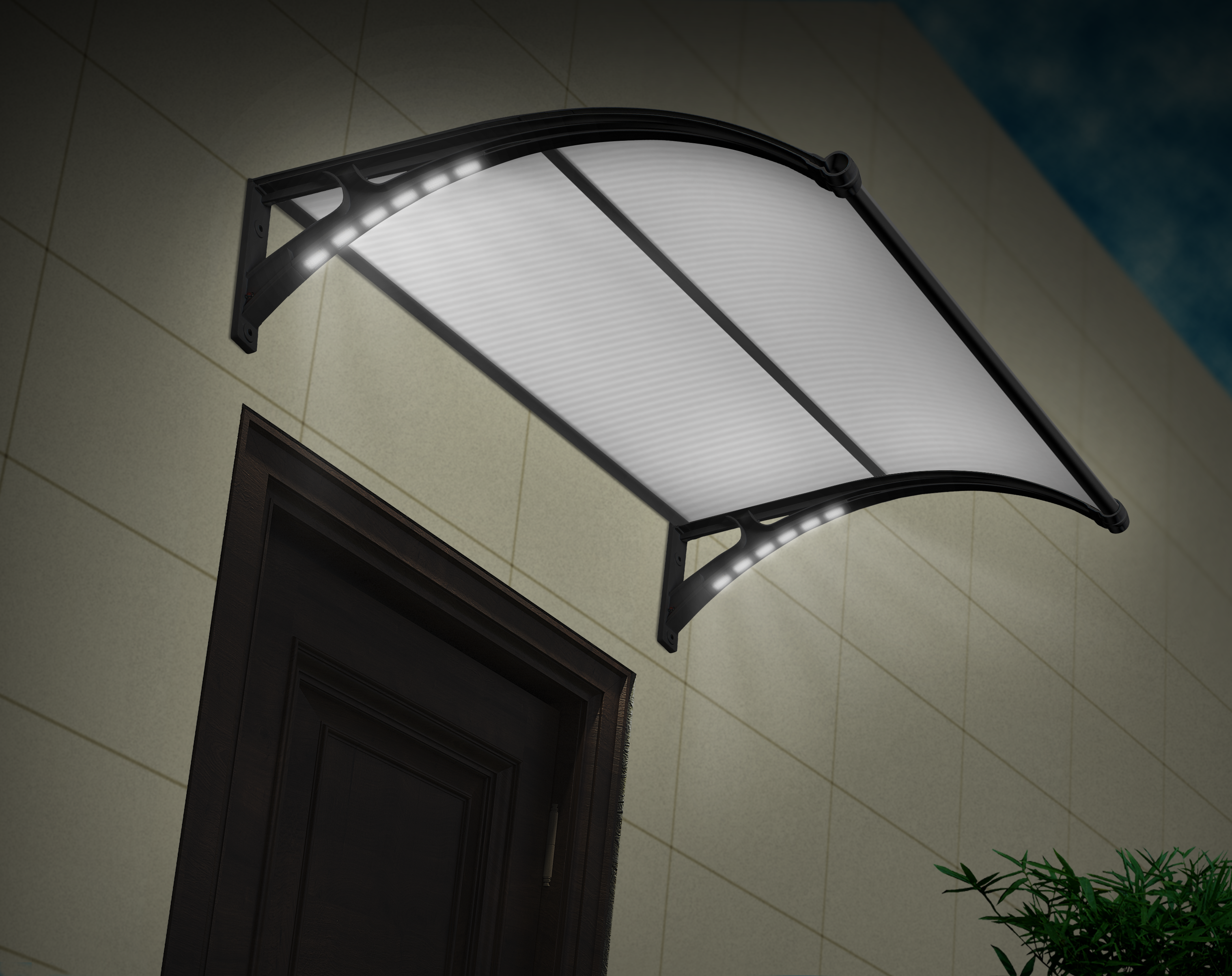 Copertină PREMIUM LUMI cu senzor de lumină și panou solar pentru ușă, 150x100 cm marchiză acoperiș adăpost, negru-bronz