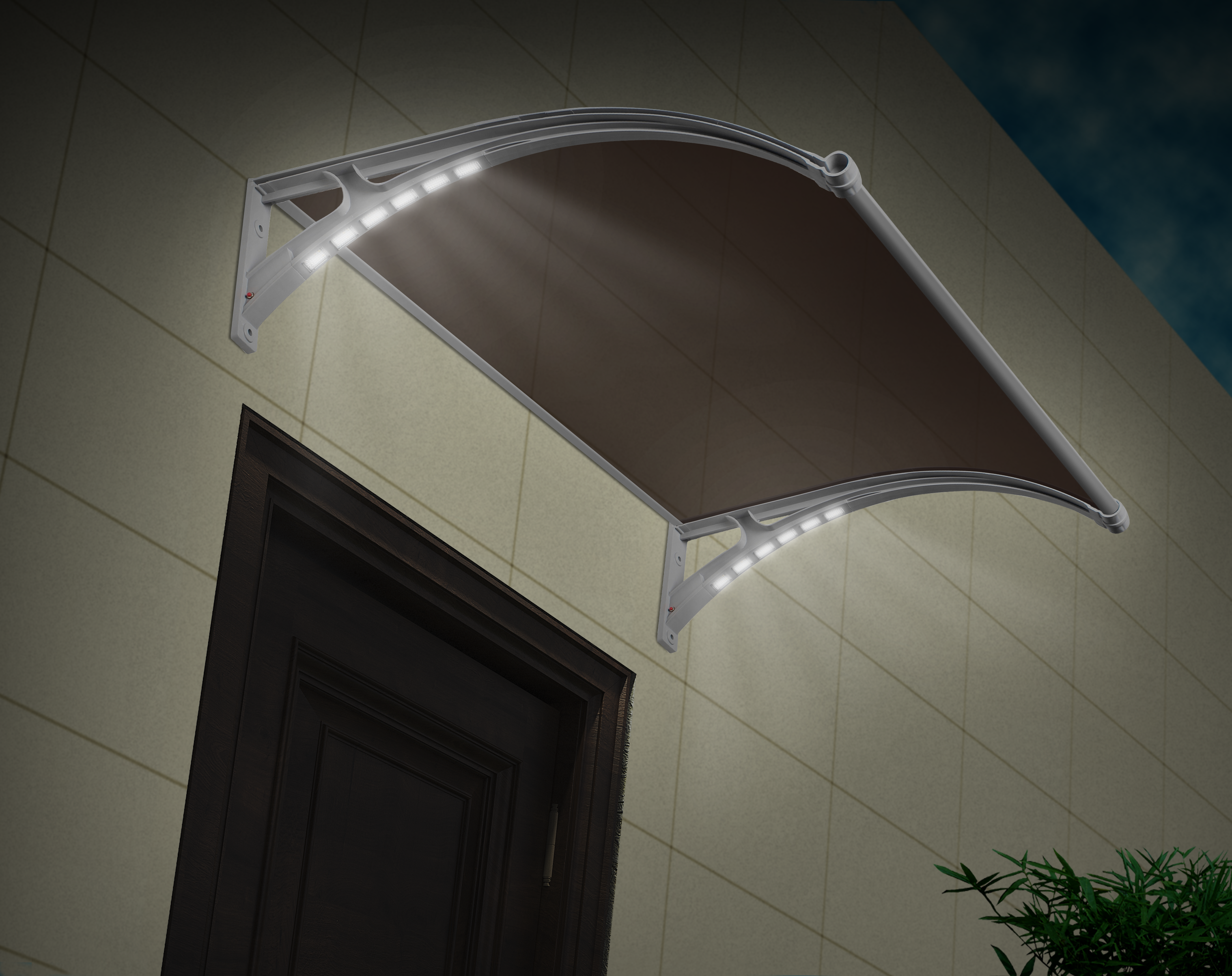 Copertină PREMIUM LUMI cu senzor de lumină și panou solar pentru ușă, 150x100 cm marchiză acoperiș adăpost, negru-bronz
