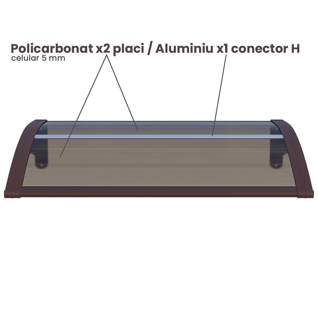 Copertină pentru Ușă ECO 120x100 cm, Policarbonat 5 mm Conector H, Suporturi ABS, Accesorii Montaj Incluse, Maro/Bronz - MAPROFI