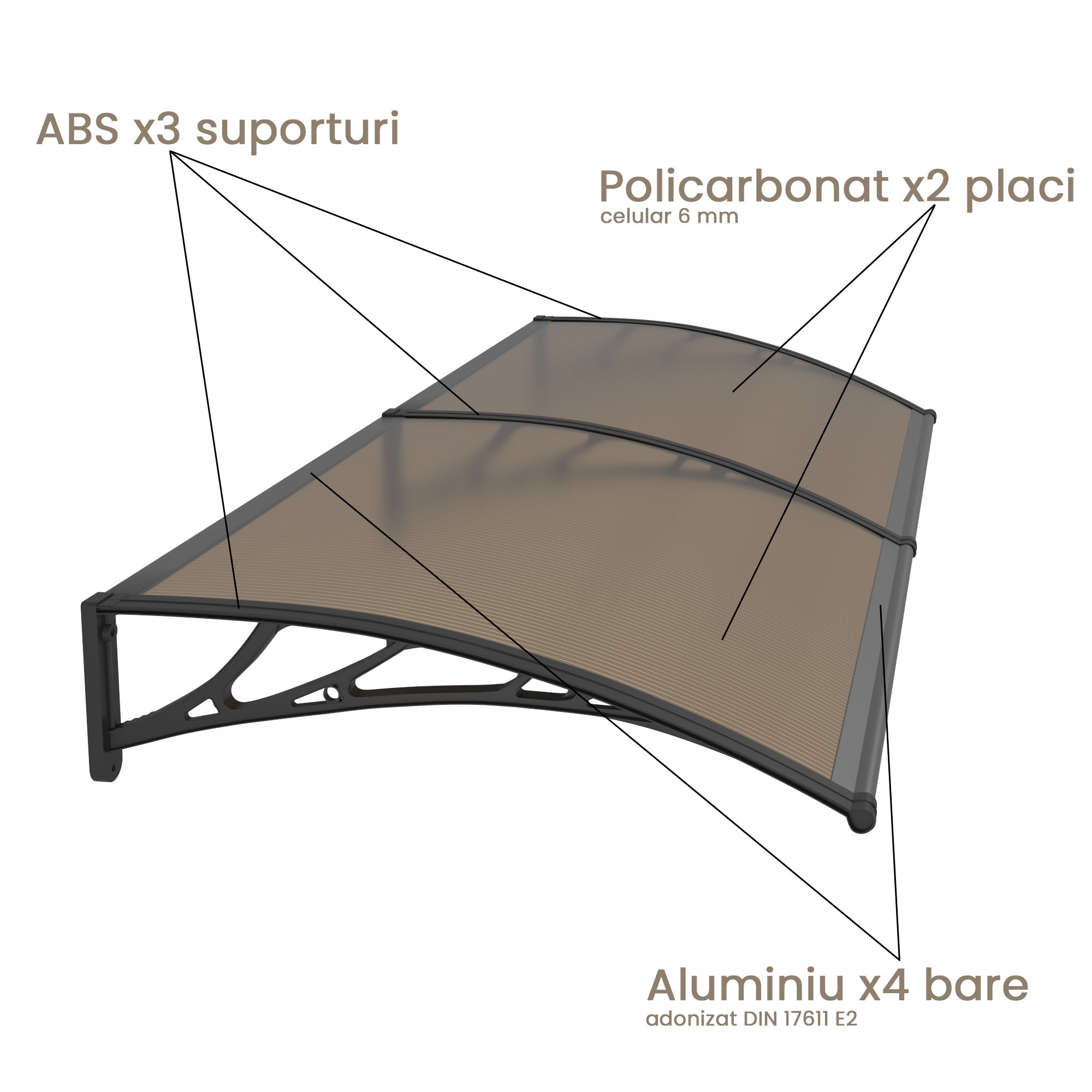 Copertină PREMIUM 240x120 cm, placă 6 mm dintr-o bucată – Negru/Bronz - MAPROFI