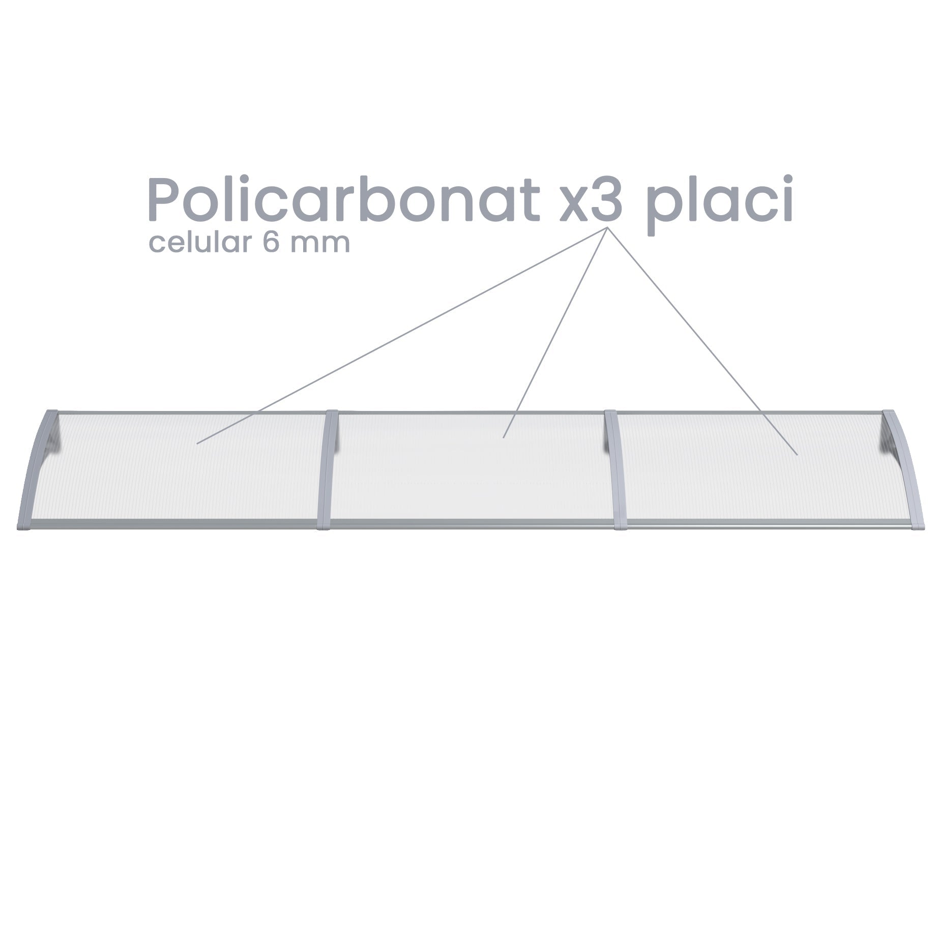 Copertină PREMIUM 300x100 cm, placă 6 mm dintr-o bucată – Gri/Transparent - MAPROFI