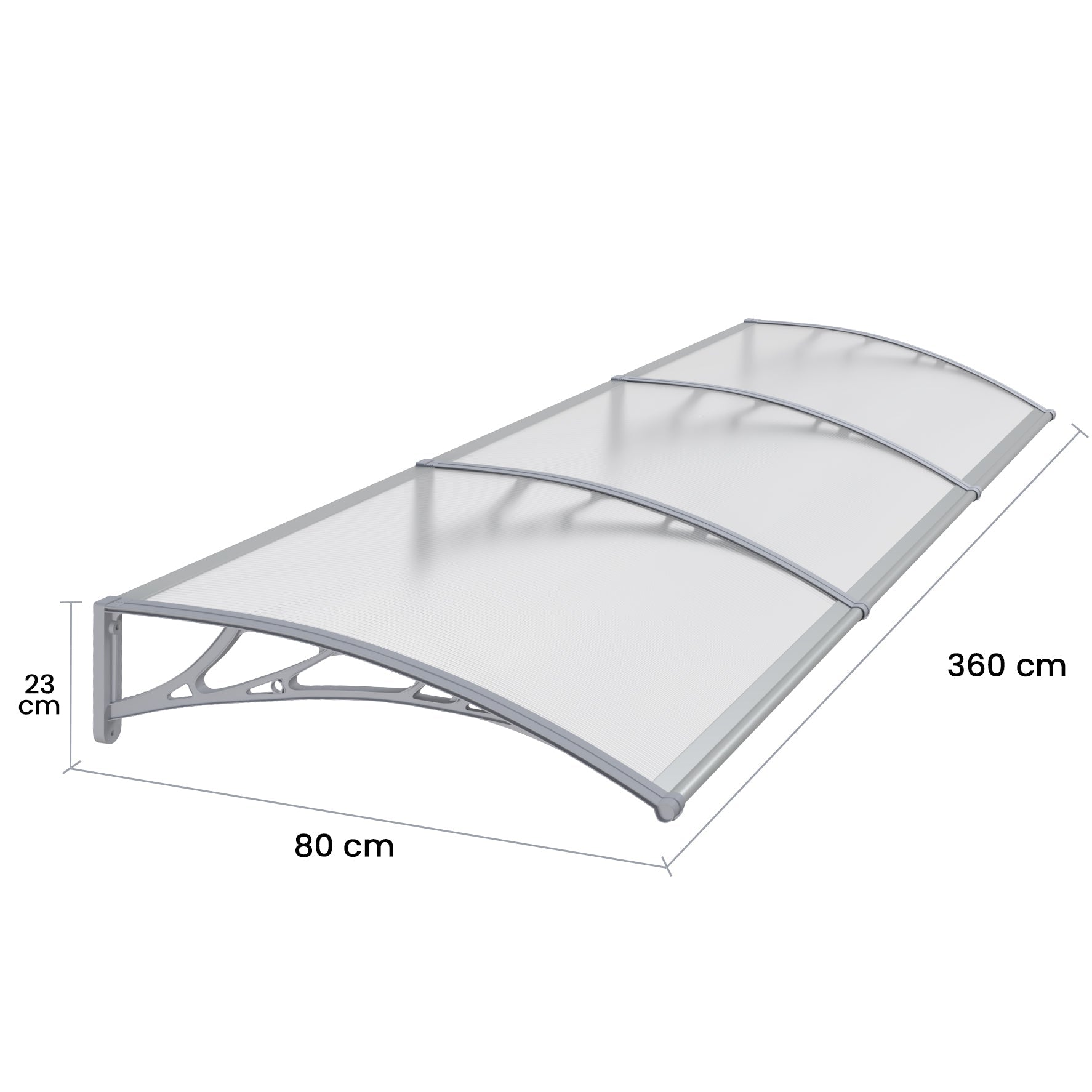 Copertină PREMIUM 360x80 cm, placă 6 mm dintr-o bucată – Gri/Transparent - MAPROFI