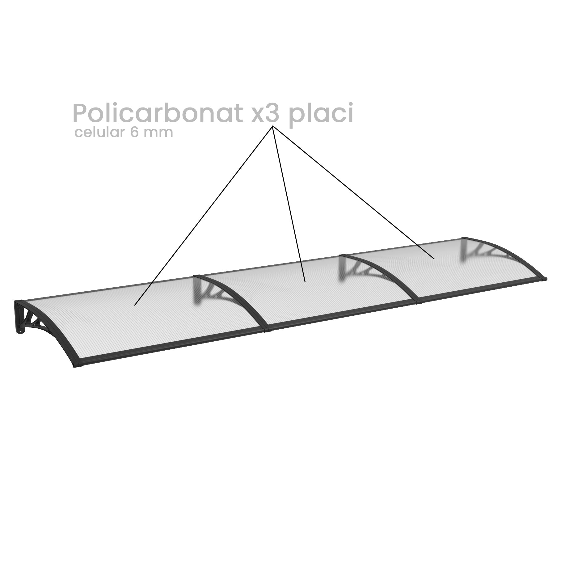 Copertină PREMIUM 360x80 cm, placă 6 mm dintr-o bucată – Negru/Transparent - MAPROFI