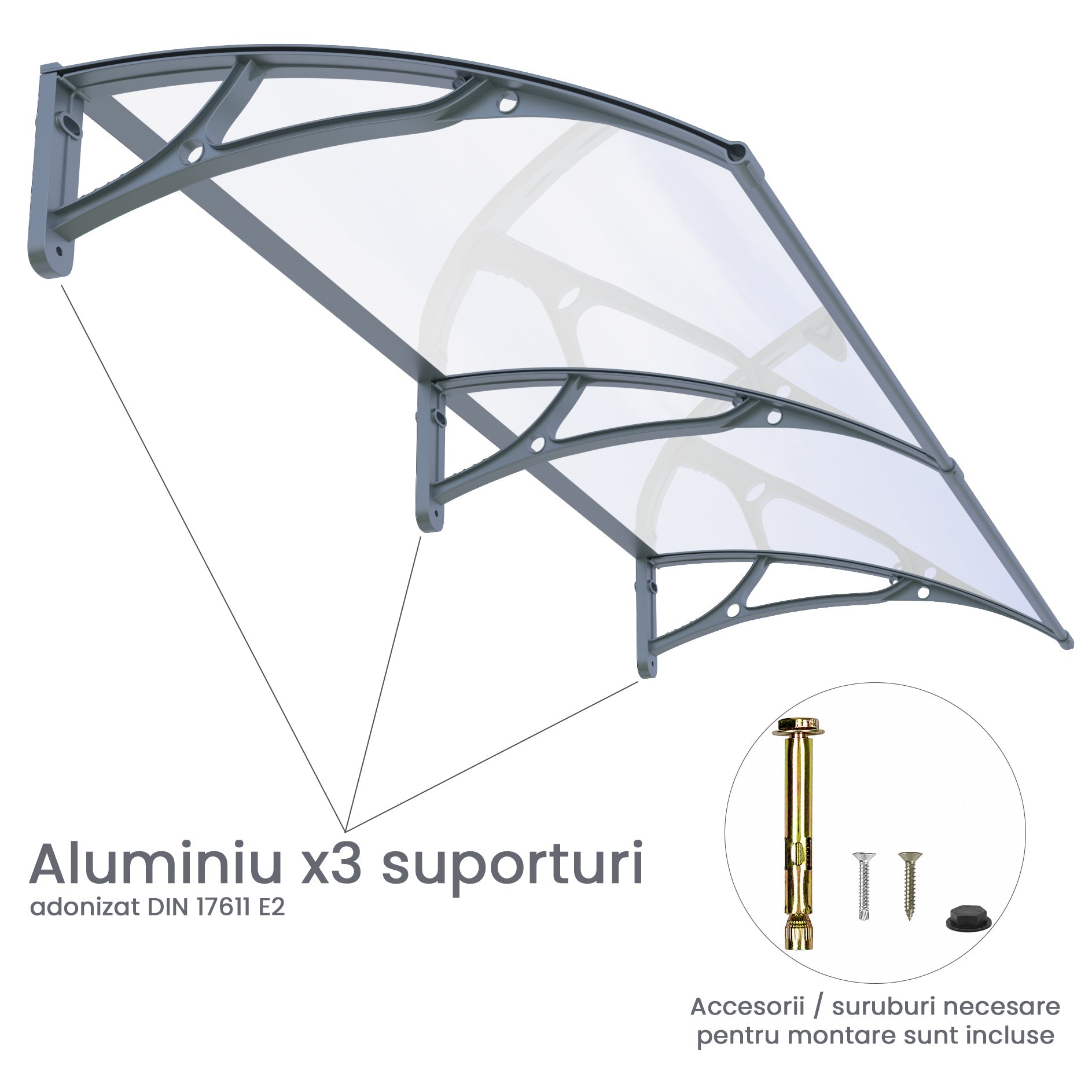 Copertină PRO 150x150 cm din aluminiu și plexiglas – Gri/Transparent - MAPROFI