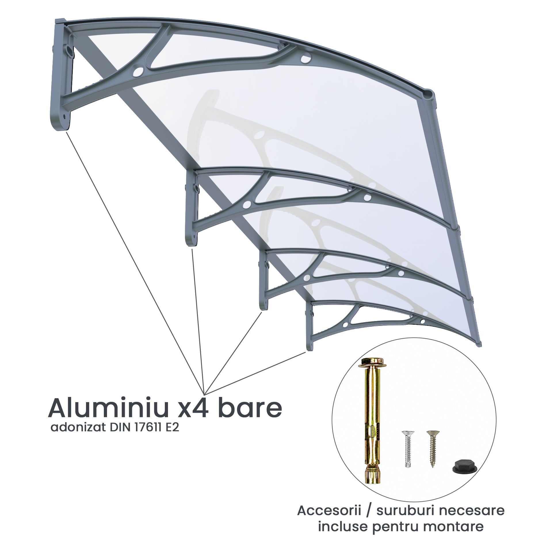 Copertină PRO 240x150 cm din aluminiu și plexiglas – Gri/Transparent - MAPROFI