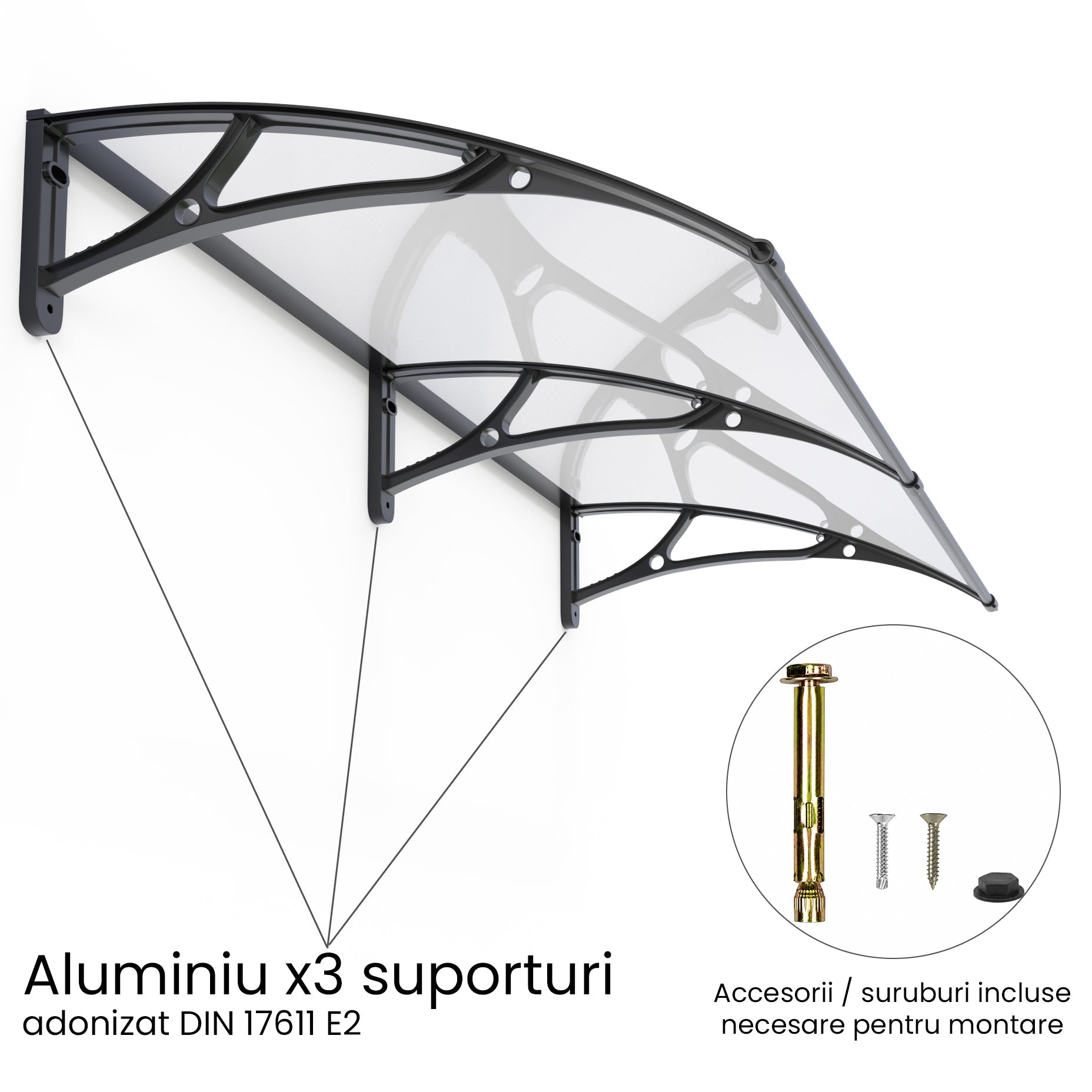 Copertină PRO 240x80 cm din aluminiu și plexiglas – Negru/Transparent - MAPROFI