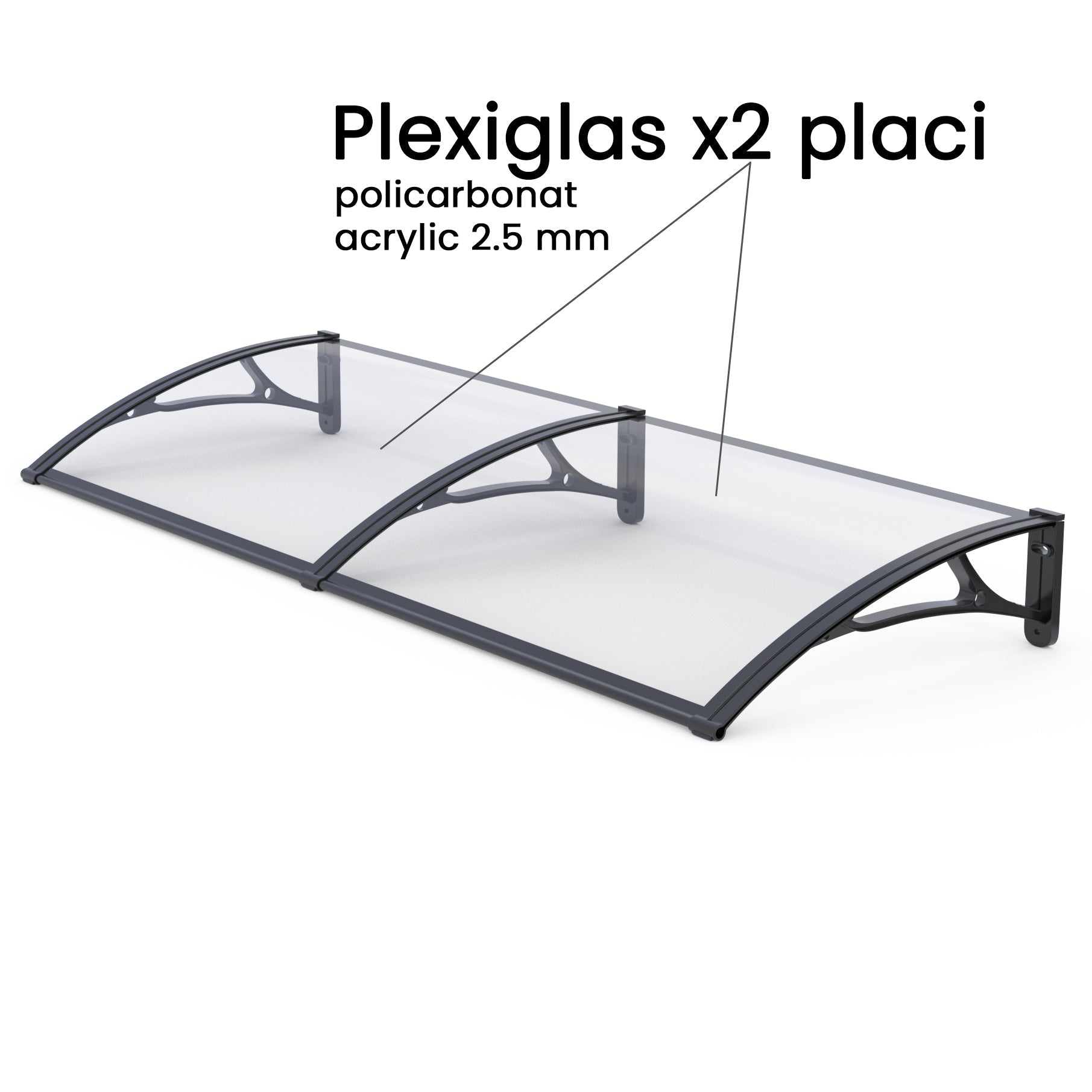 Copertină PRO 240x80 cm din aluminiu și plexiglas – Negru/Transparent - MAPROFI