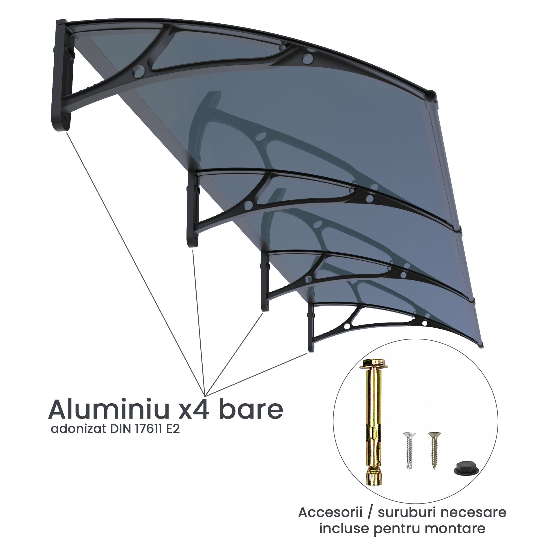 Copertină PRO 360x100 cm din aluminiu și plexiglas – Negru/Antracit - MAPROFI