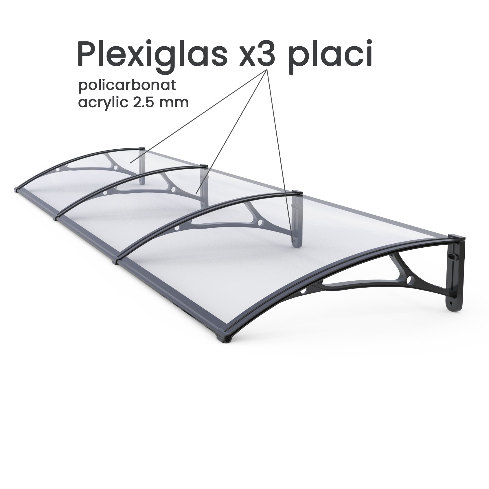 Copertină PRO 360x100 cm din aluminiu și plexiglas – Negru/Transparent - MAPROFI