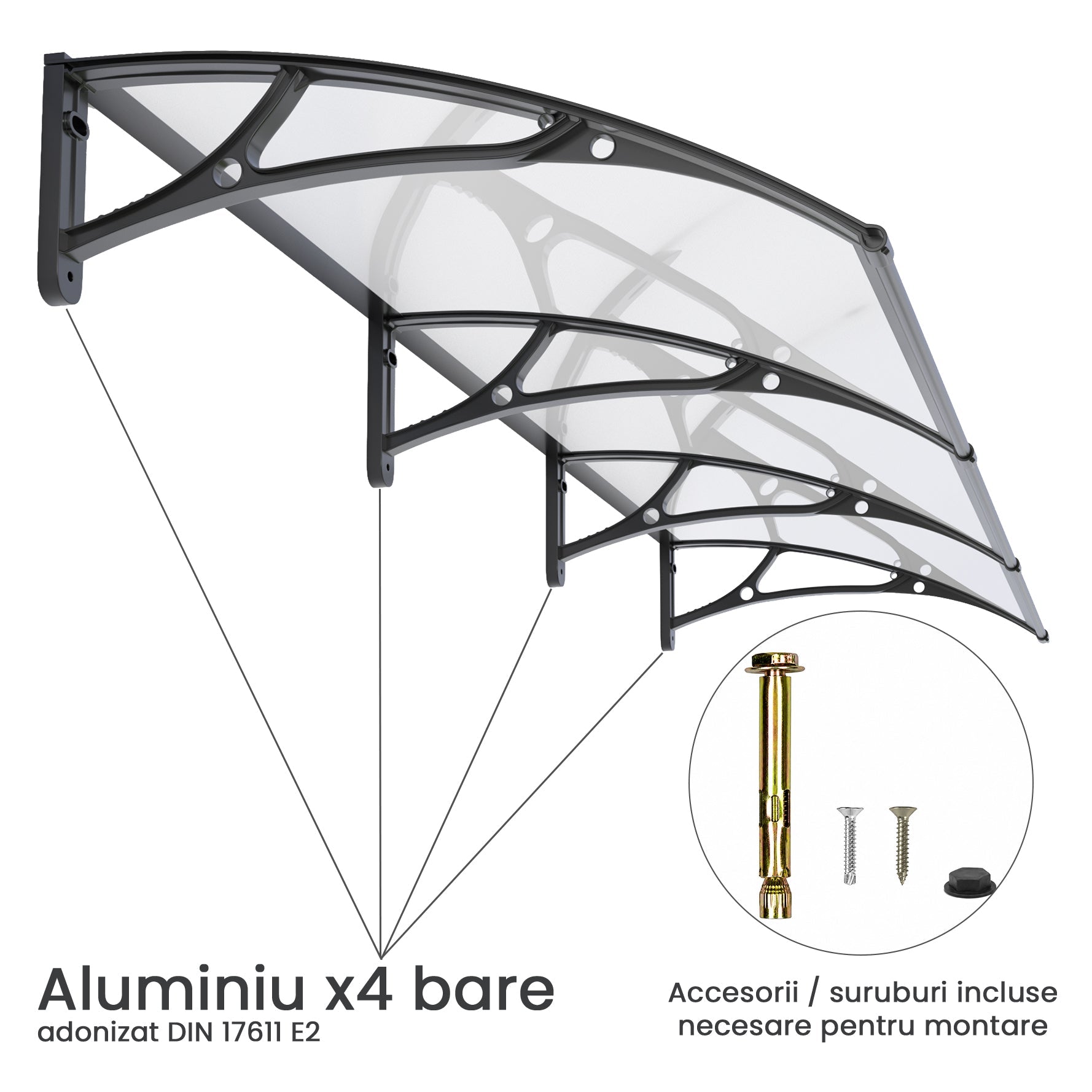 Copertină PRO 360x100 cm din aluminiu și plexiglas – Negru/Transparent - MAPROFI
