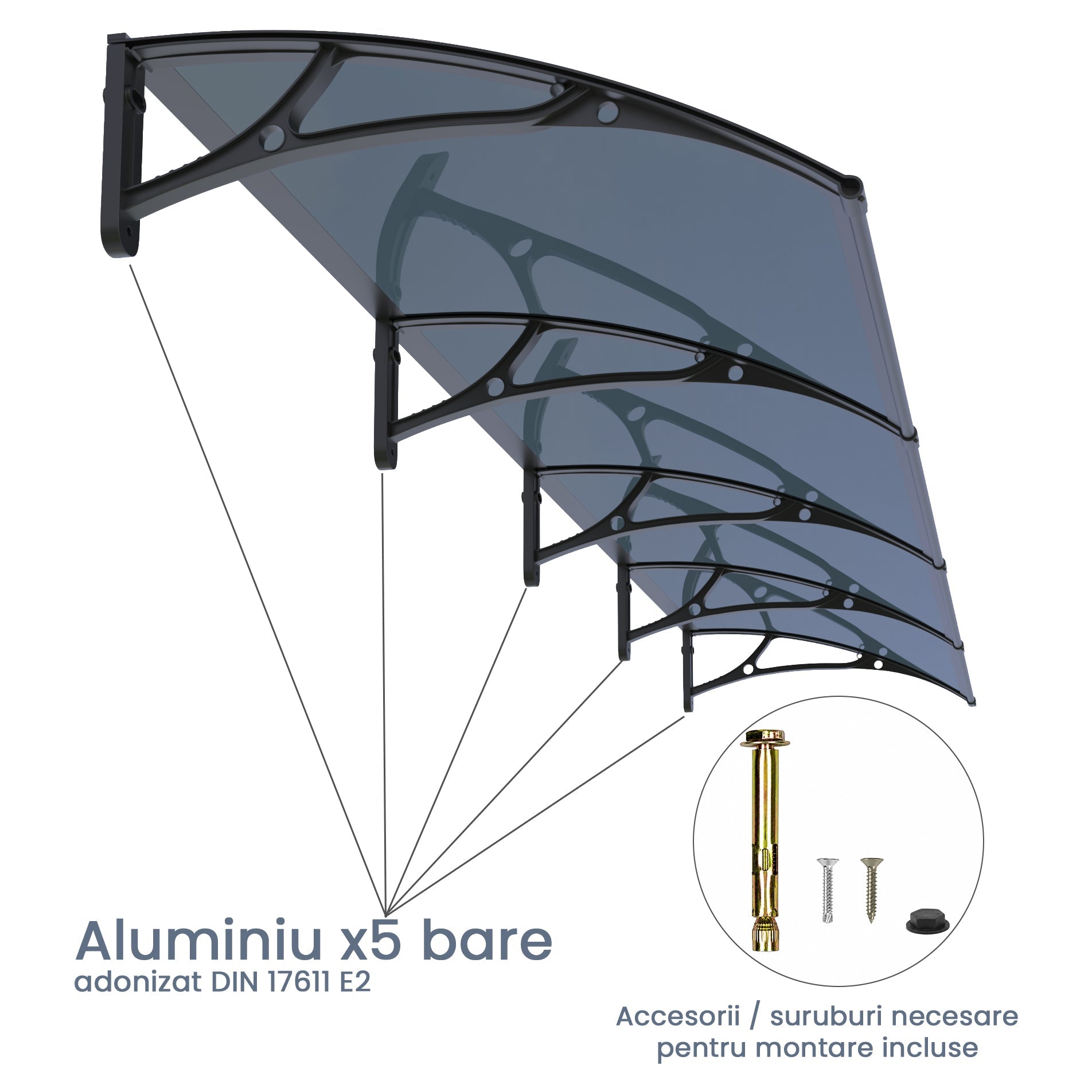Copertină PRO 400x100 cm din aluminiu și plexiglas – Negru/Antracit - MAPROFI