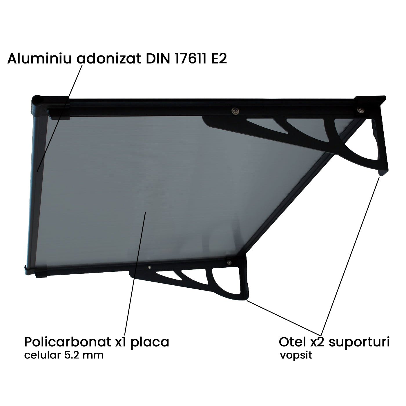 Copertina Usa / Geam MAX PRO 120x100 cm, Policarbonat 5.2 mm, Margini din Aluminiu, Suporturi din Otel Vopsit, Negru/Antracit - MAPROFI