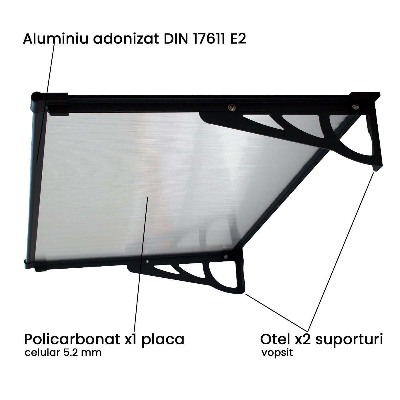 Copertina Usa / Geam MAX PRO 150x80 cm, Policarbonat 5.2 mm, Margini din Aluminiu, Suporturi din Otel Vopsit, Negru/Transparent - MAPROFI