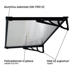 Copertina Usa / Geam MAX PRO 150x80 cm, Policarbonat 5.2 mm, Margini din Aluminiu, Suporturi din Otel Vopsit, Negru/Transparent - MAPROFI