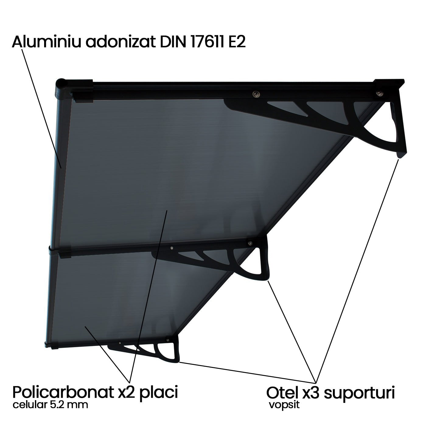 Copertina Usa / Geam MAX PRO 200x80 cm, Policarbonat 5.2 mm, Margini din Aluminiu, Suporturi din Otel Vopsit, Negru/Antracit - MAPROFI