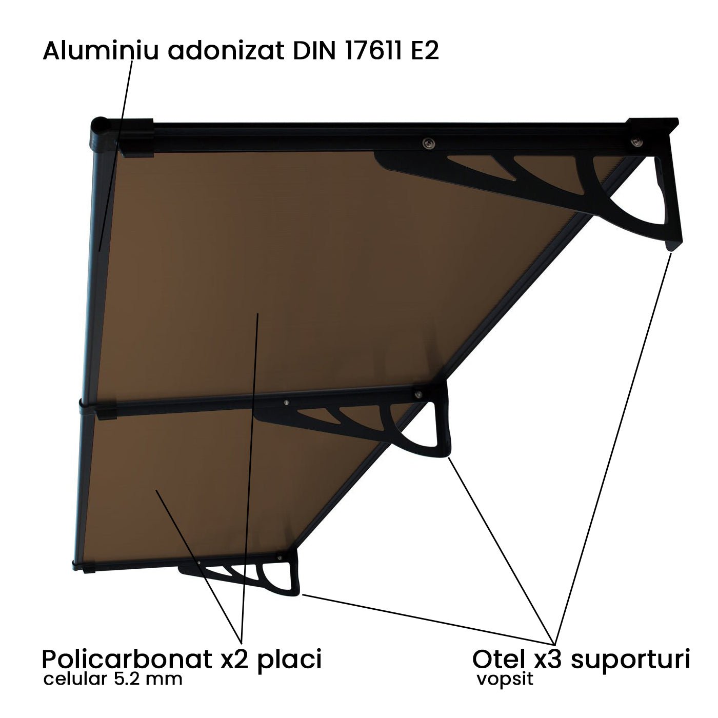 Copertina Usa / Geam MAX PRO 240x80 cm, Policarbonat 5.2 mm, Margini din Aluminiu, Suporturi din Otel Vopsit, Negru/Bronz - MAPROFI