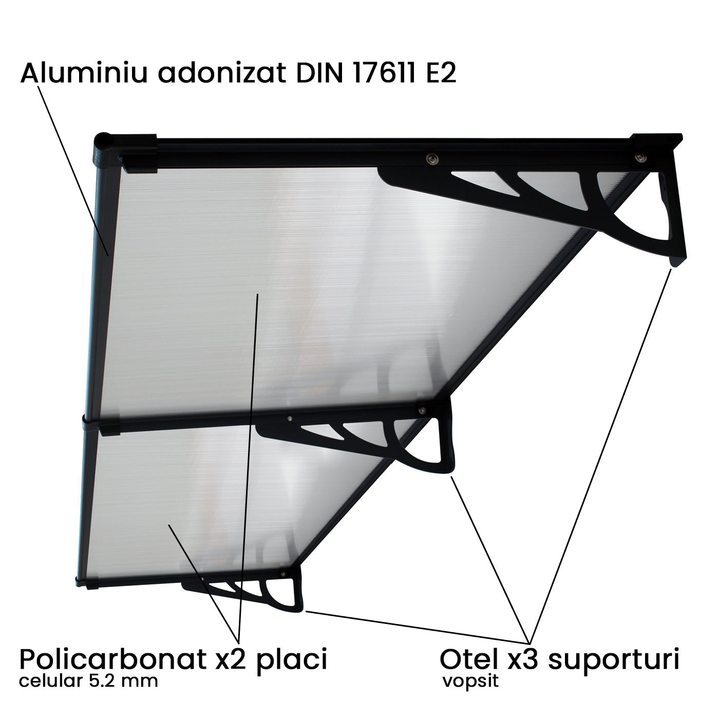 Copertina Usa / Geam MAX PRO 240x80 cm, Policarbonat 5.2 mm, Margini din Aluminiu, Suporturi din Otel Vopsit, Negru/Transparent - MAPROFI