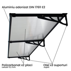 Copertina Usa / Geam MAX PRO 240x80 cm, Policarbonat 5.2 mm, Margini din Aluminiu, Suporturi din Otel Vopsit, Negru/Transparent - MAPROFI