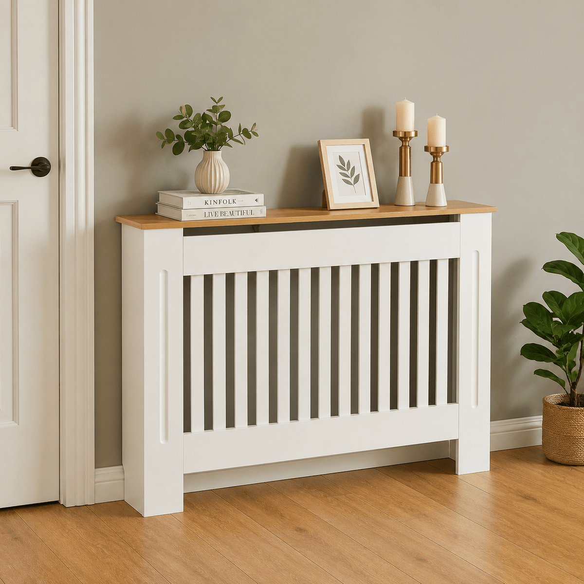 Mască calorifer ECO L 132 cm, MDF cu lamele verticale – Alb lucios / Stejar - MAPROFI