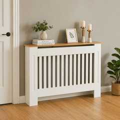 Mască calorifer ECO L 132 cm, MDF cu lamele verticale – Alb lucios / Stejar - MAPROFI