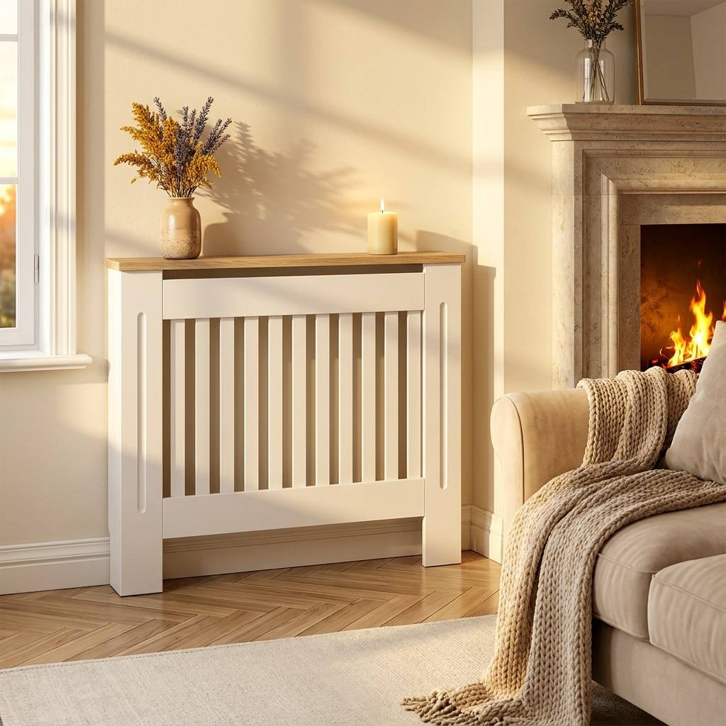 Mască calorifer ECO L 132 cm, MDF cu lamele verticale – Alb lucios / Stejar - MAPROFI