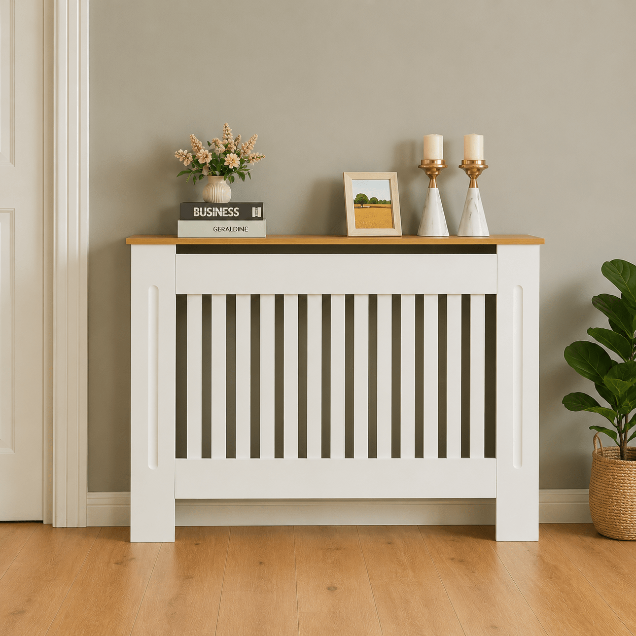 Mască calorifer ECO L 132 cm, MDF cu lamele verticale – Alb lucios / Stejar - MAPROFI