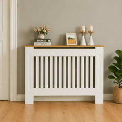 Mască calorifer ECO L 132 cm, MDF cu lamele verticale – Alb lucios / Stejar - MAPROFI