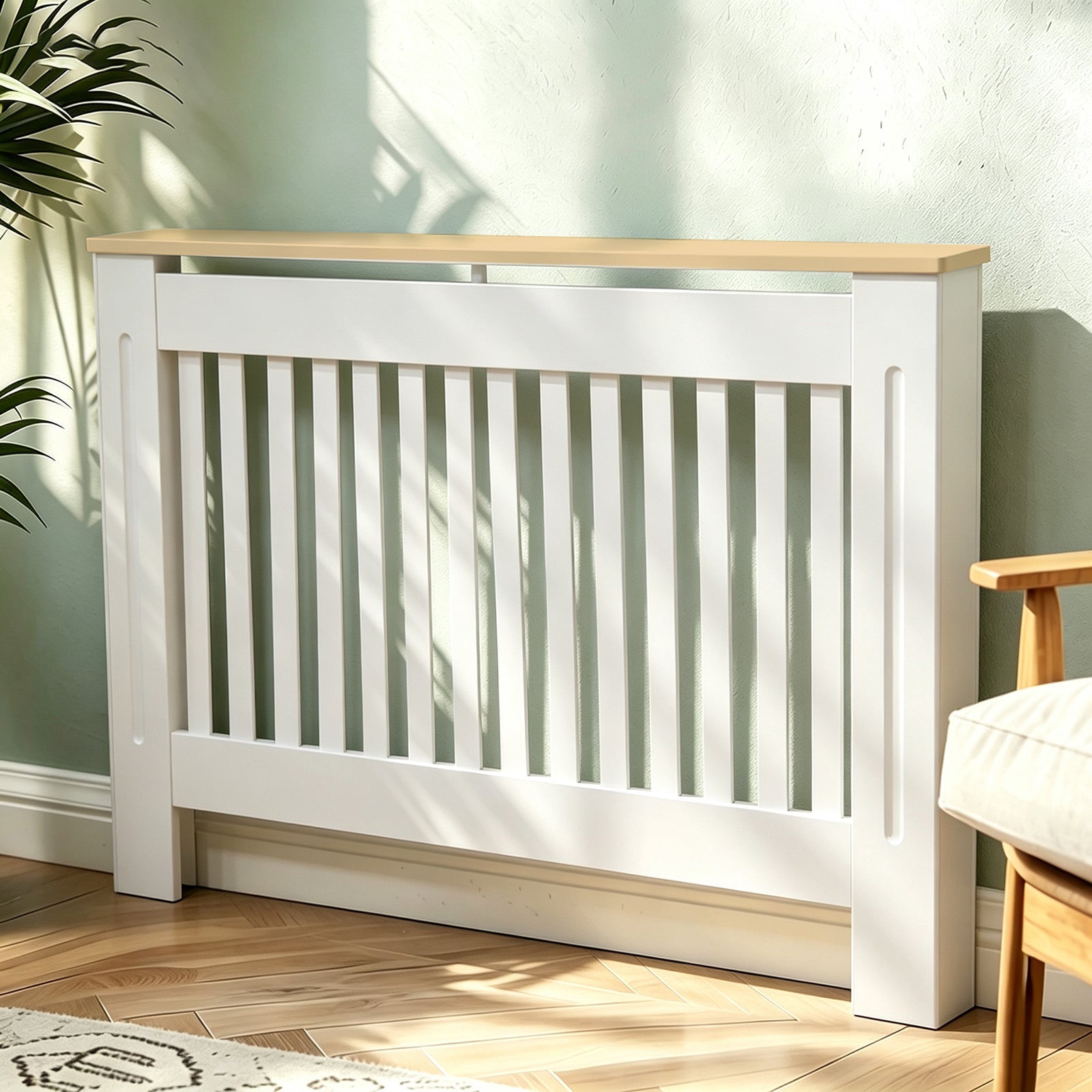 Mască calorifer ECO L 132 cm, MDF cu lamele verticale – Alb lucios / Stejar - MAPROFI