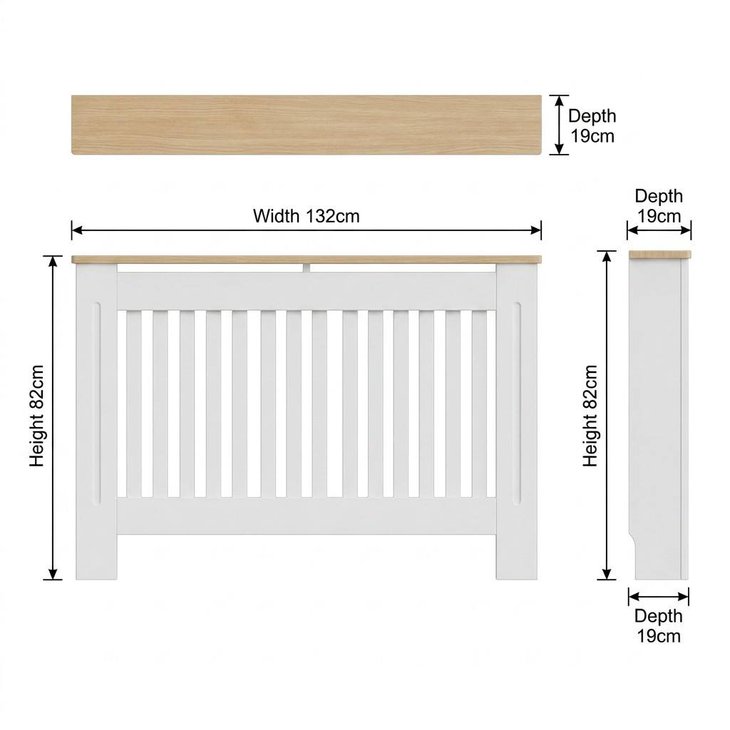 Mască calorifer ECO L 132 cm, MDF cu lamele verticale – Alb lucios / Stejar - MAPROFI