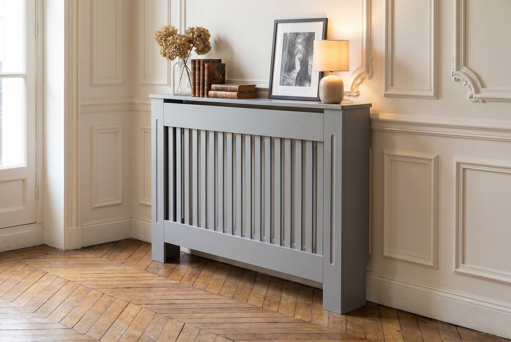 Mască calorifer ECO L 132 cm, MDF cu lamele verticale – Gri lucios - MAPROFI