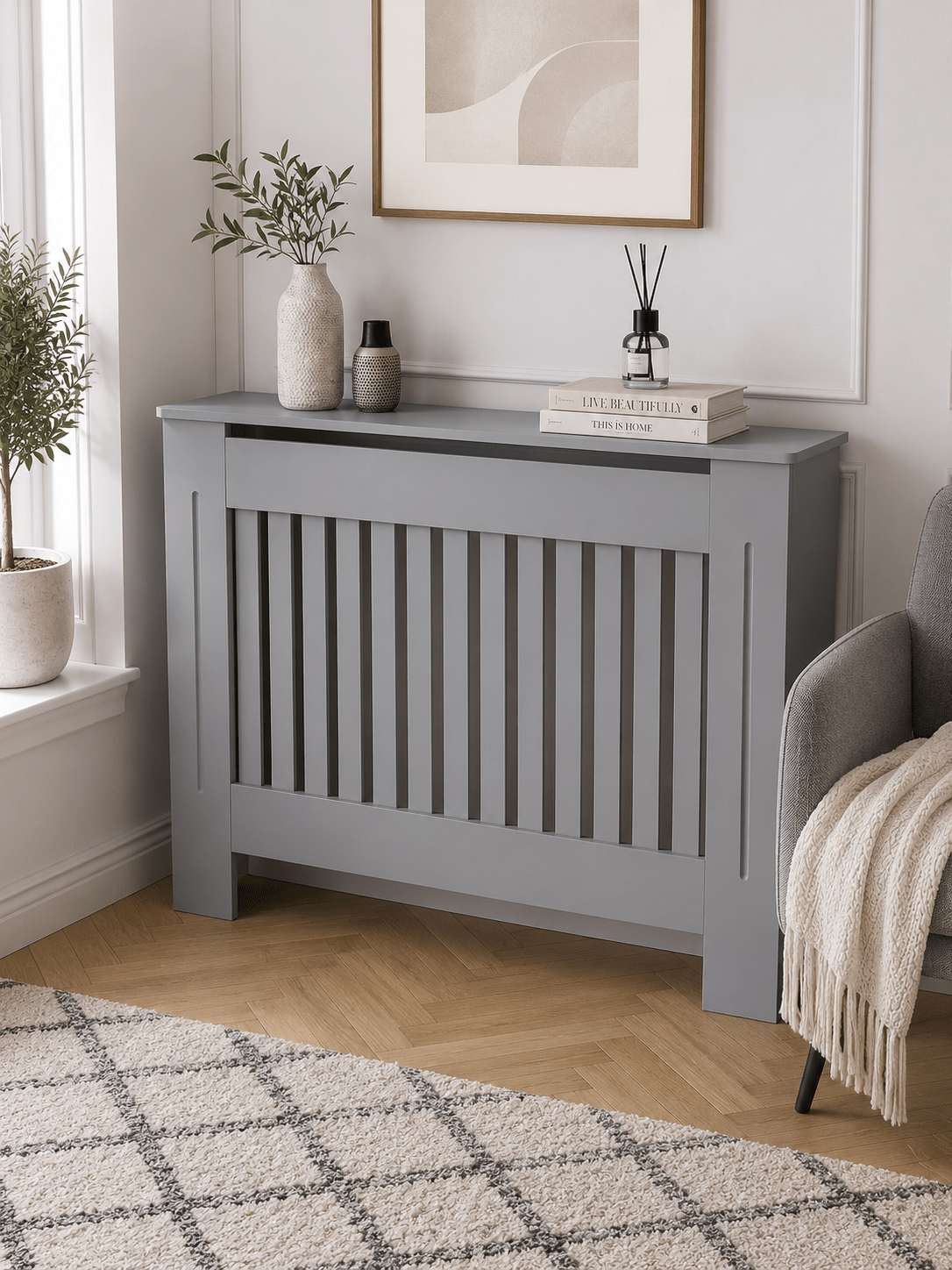 Mască calorifer ECO L 132 cm, MDF cu lamele verticale – Gri lucios - MAPROFI