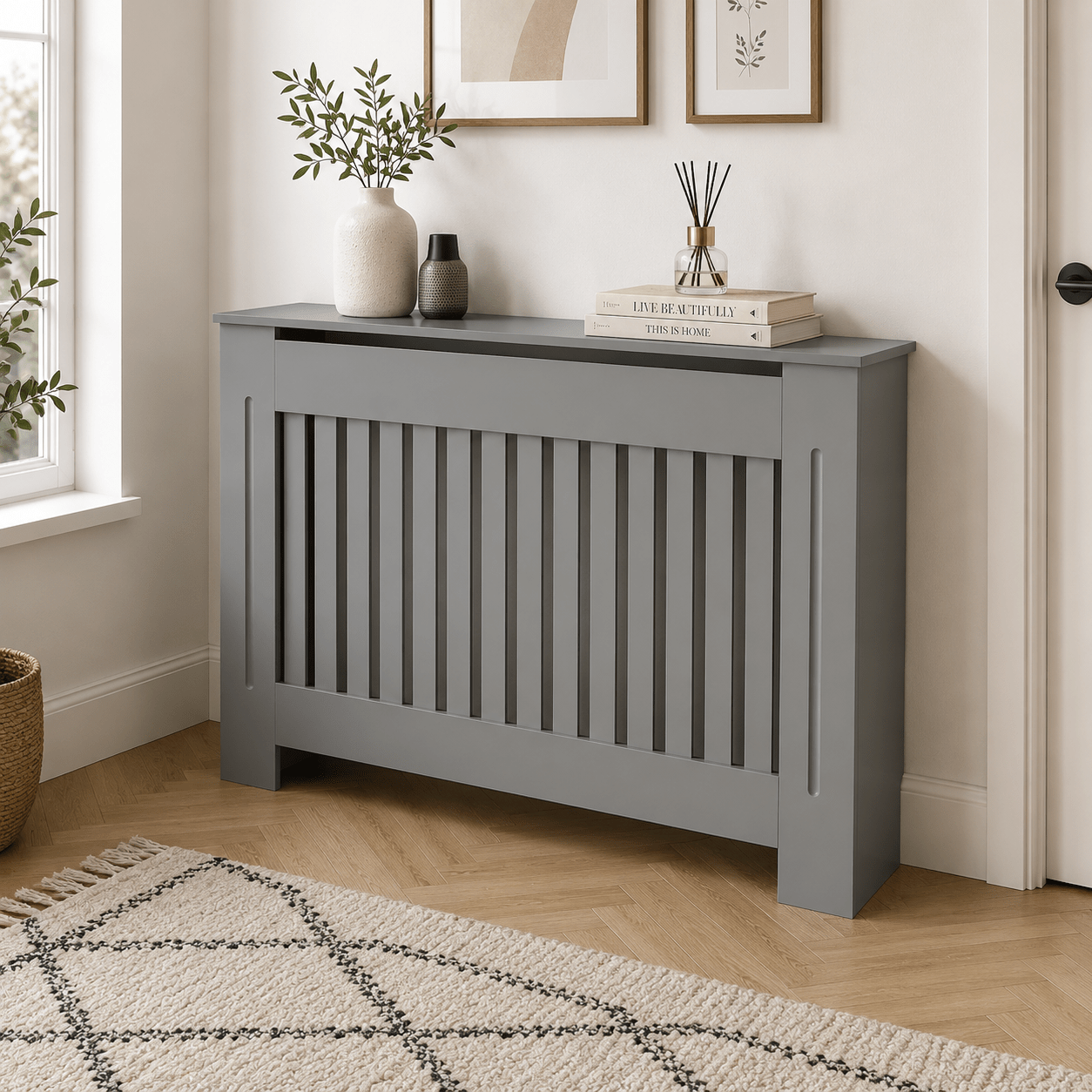 Mască calorifer ECO L 132 cm, MDF cu lamele verticale – Gri lucios - MAPROFI