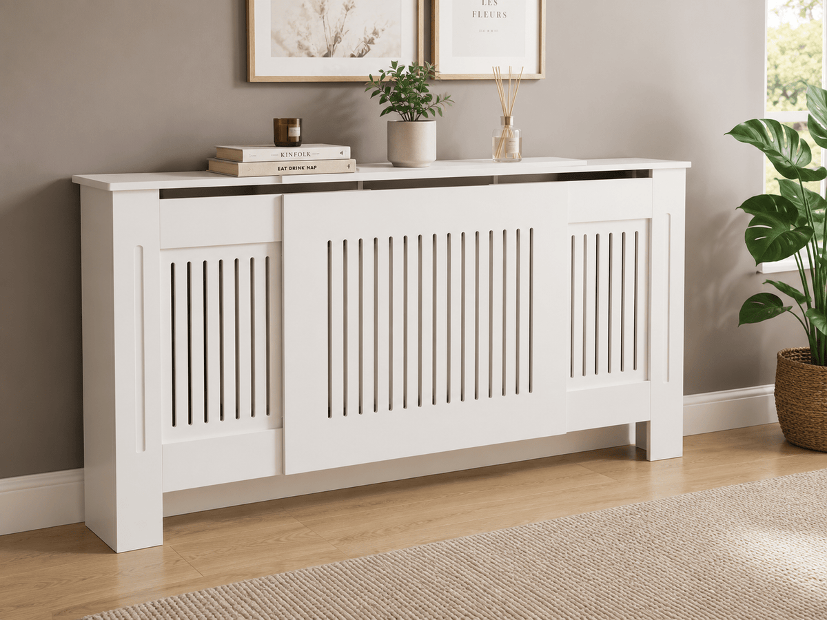 Mască calorifer ECO, MDF cu lamele verticale – Alb lucios - MAPROFI