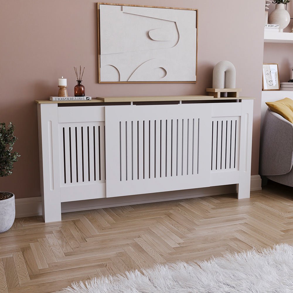 Masca pentru Calorifer ECO-3XL 140/204 cm Ajustabila, MDF Vopsit de 21 mm Lame Verticale, Maro/Alb lucios - MAPROFI