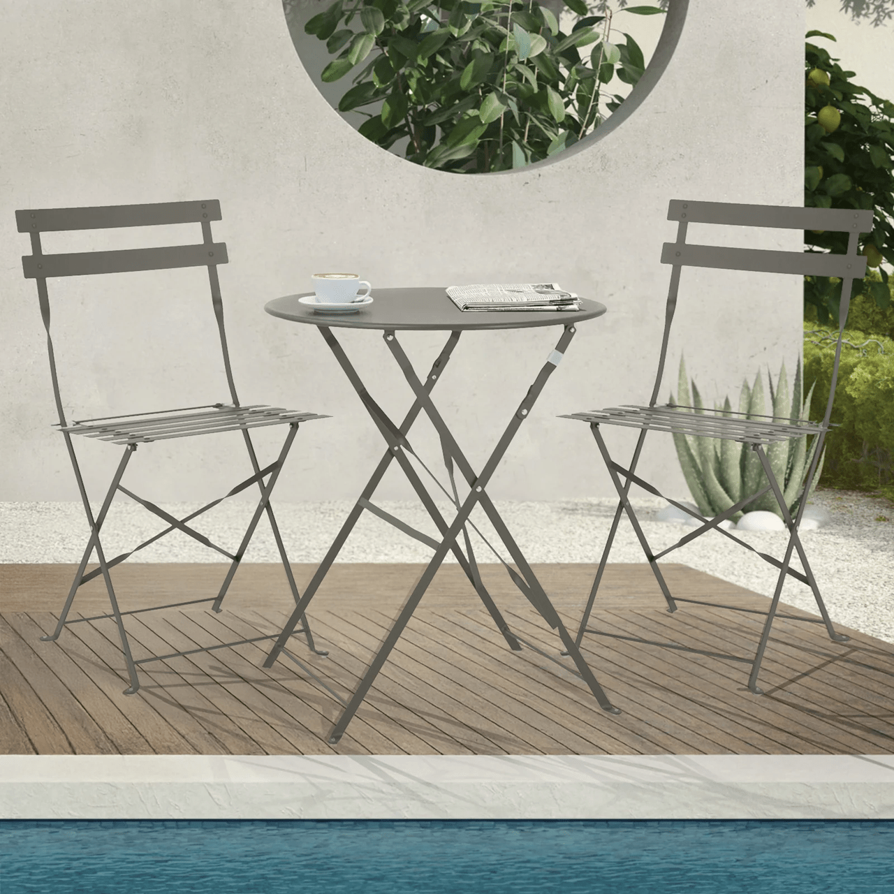 Set Bistro Flair – masă și 2 scaune din oțel vopsit – Bej (Grey Brown) - MAPROFI